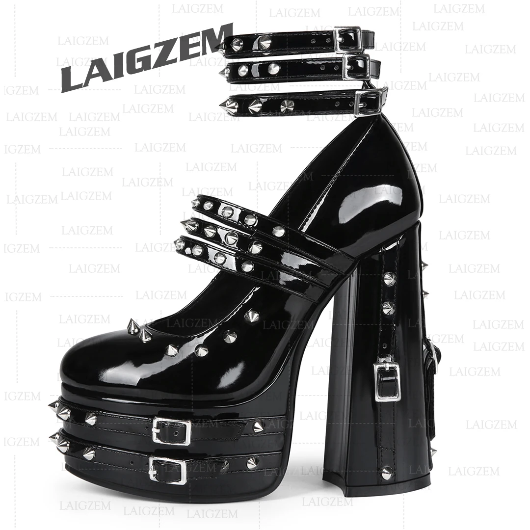

ZHIMA Women Platform Pumps Studded Round Toe Buckle Straps Thick High Heels Sandals Punk Gothic Shoes Woman Large Size 39 41 52