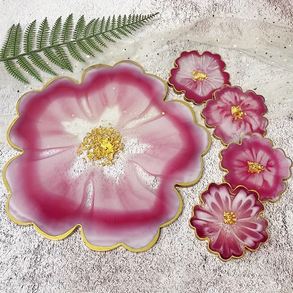 قالب صينية زهور كبير مقاس 13 بوصة + 4 قطع 4 قطع قالب سيليكون بفتحة كريستال على شكل زهرة، مجموعة كوستر، ديكور منزلي #4