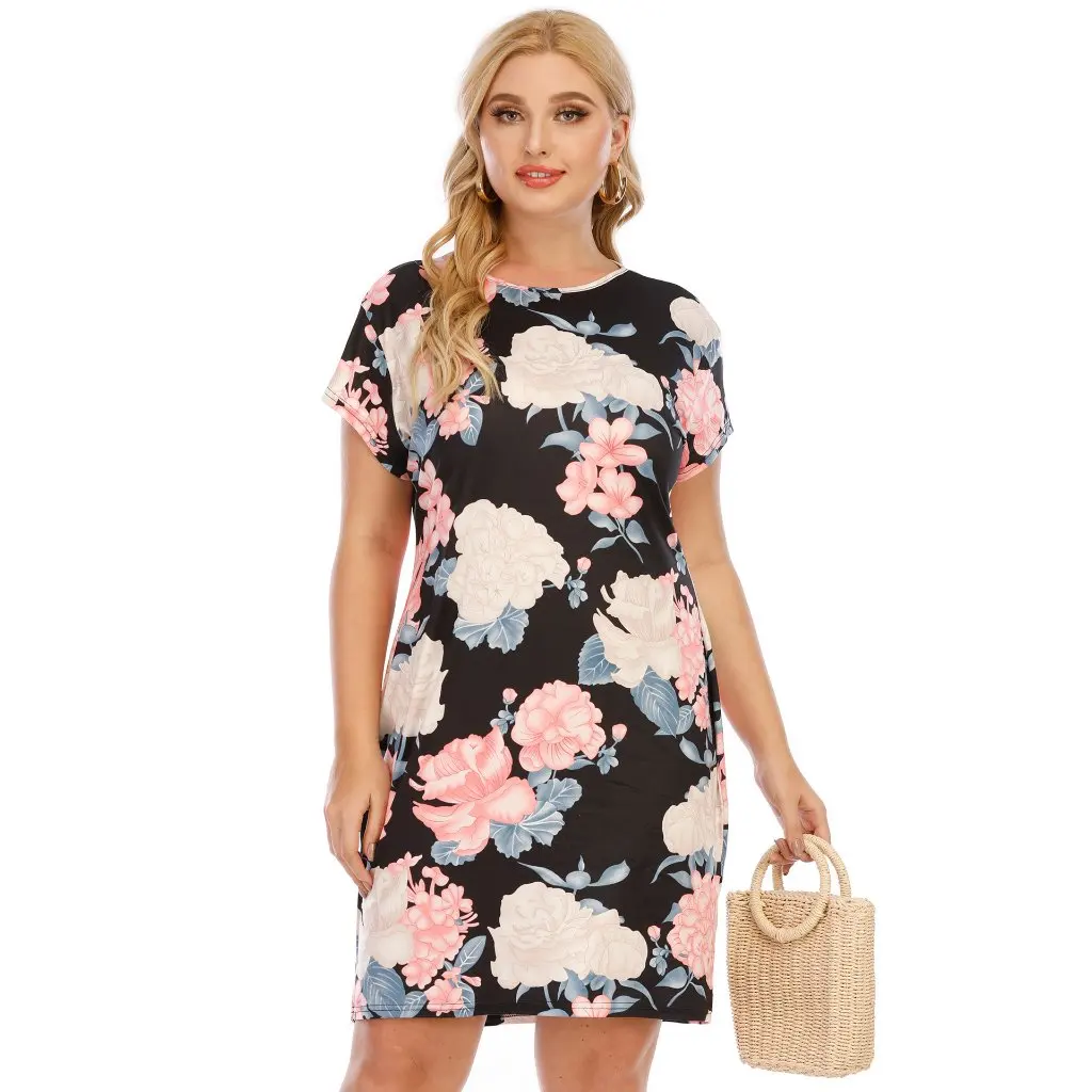

Женское простое платье с короткими рукавами и цветочным принтом большого размера, облегающая юбка F200539