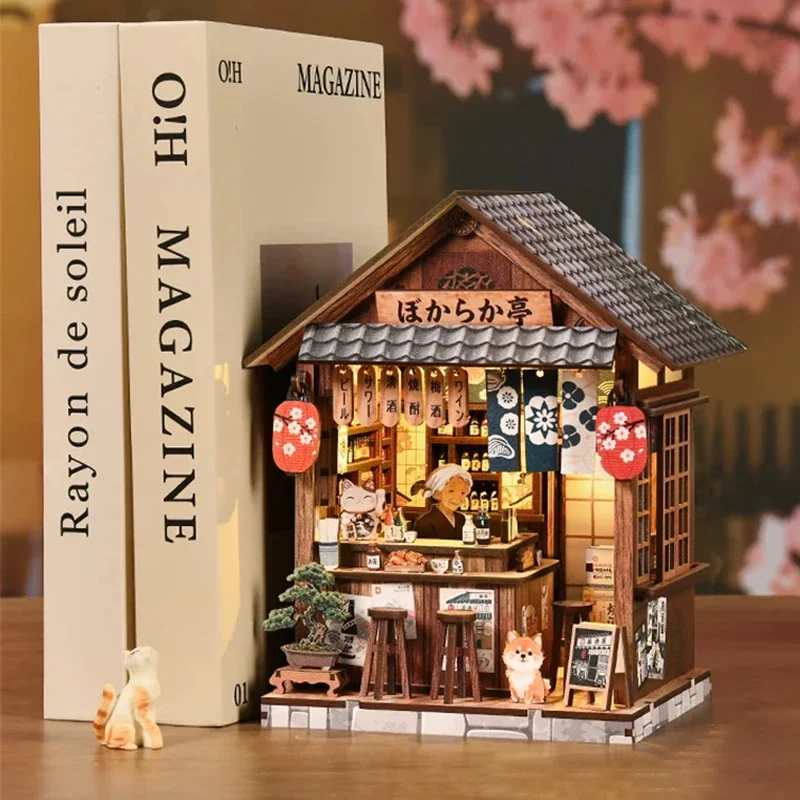 FurHaven Retro DIY Wooden Book Nook Figurines Miniature Kits The Mellow Pub Bookshelf Home Bookend Decoration For Adult Gifts