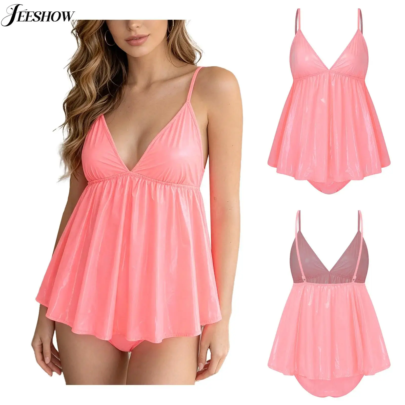 Damen Vinyl Wet-Look Chemise Nachtwäsche Wasserdichtes Spaghetti-Träger-Kleid mit Tiefem V-Ausschnitt Rückenfreies Gerüschtes Babydoll Teddy-Kleid Nachthemd