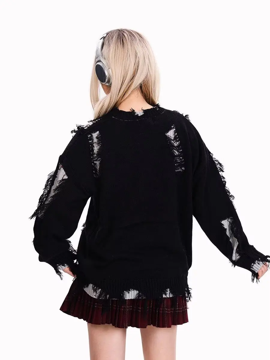 2025秋冬 不規則なダメージ加工デザイン ラウンドネックニットセーター 男女兼用 - レトロ ルーズ トレンド ストリートウェア プルオーバー