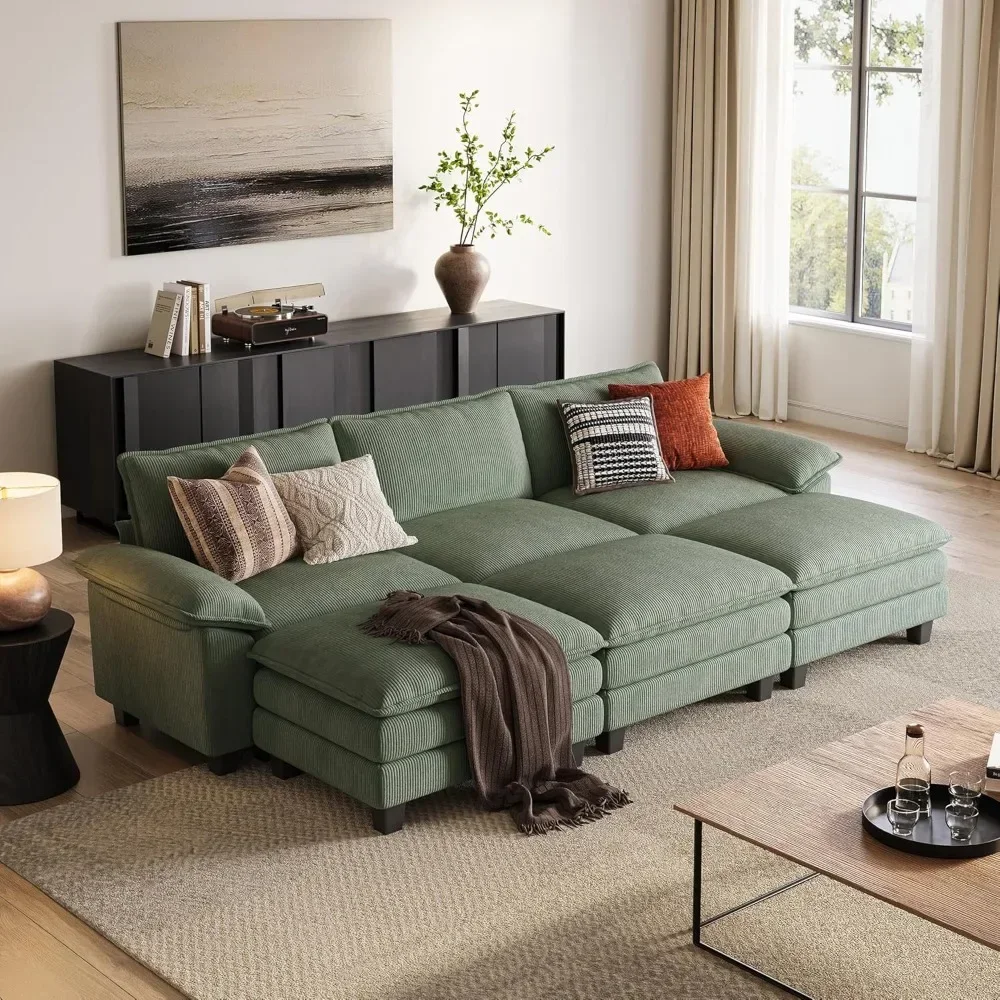 

Oversized Corduroy Sectional Sofa Bed with Movable Ottoman 123 Inch Modular Cloud Couch Soft Modern Comfy Sleeper for Living Roo
