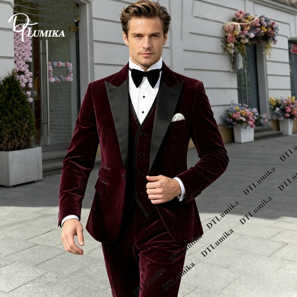 Personalized Men Suit Three Piece Velvet Jacket Pants Waistcoat Regular Fit Men's Formal Business Wedding Suit Prom Tuxedo