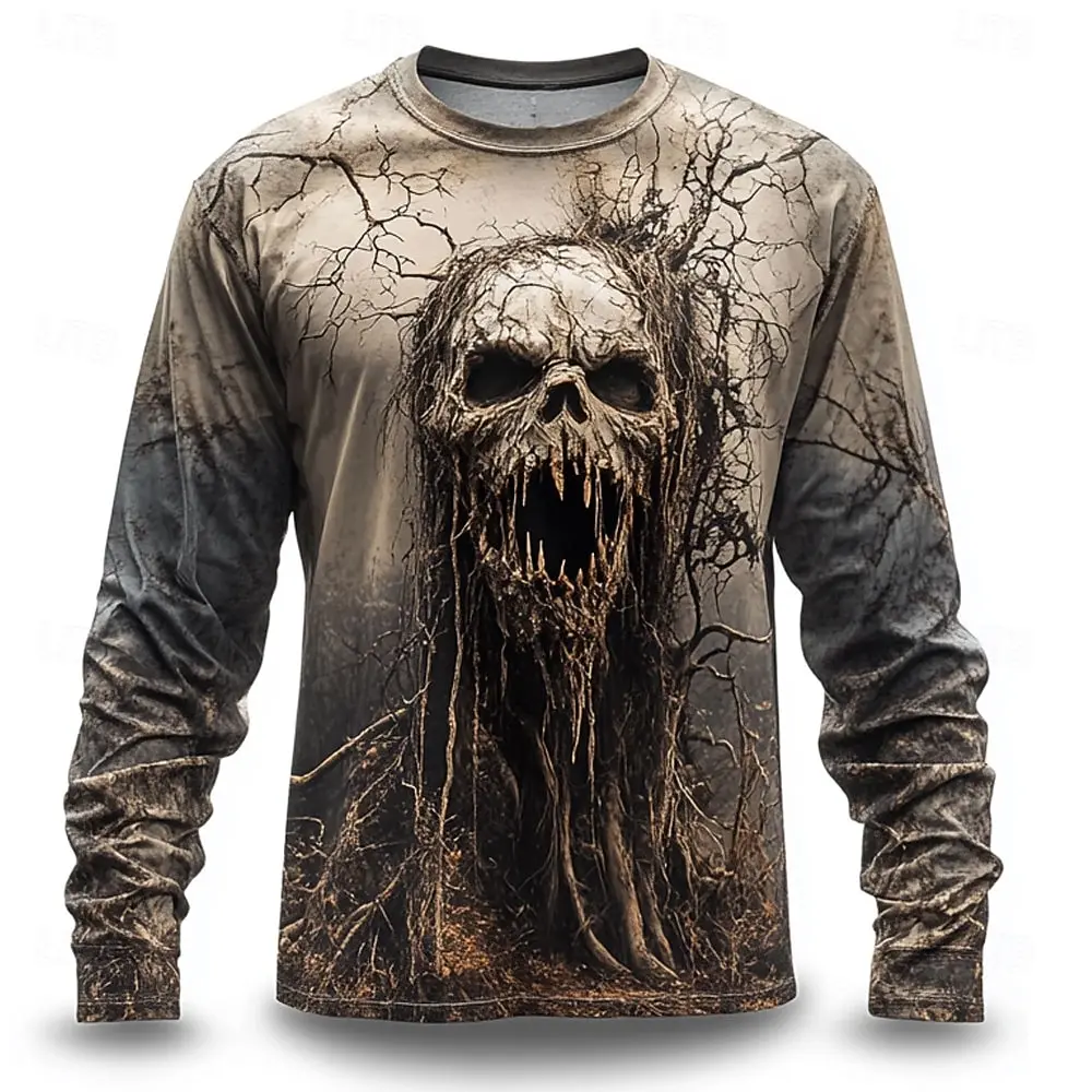 Men's Horror Tree Skull 3D Print Long Sleeve Shirt Front Back Full Graphic Crew Neck Tee Vintage Wasteland Gothic Halloween