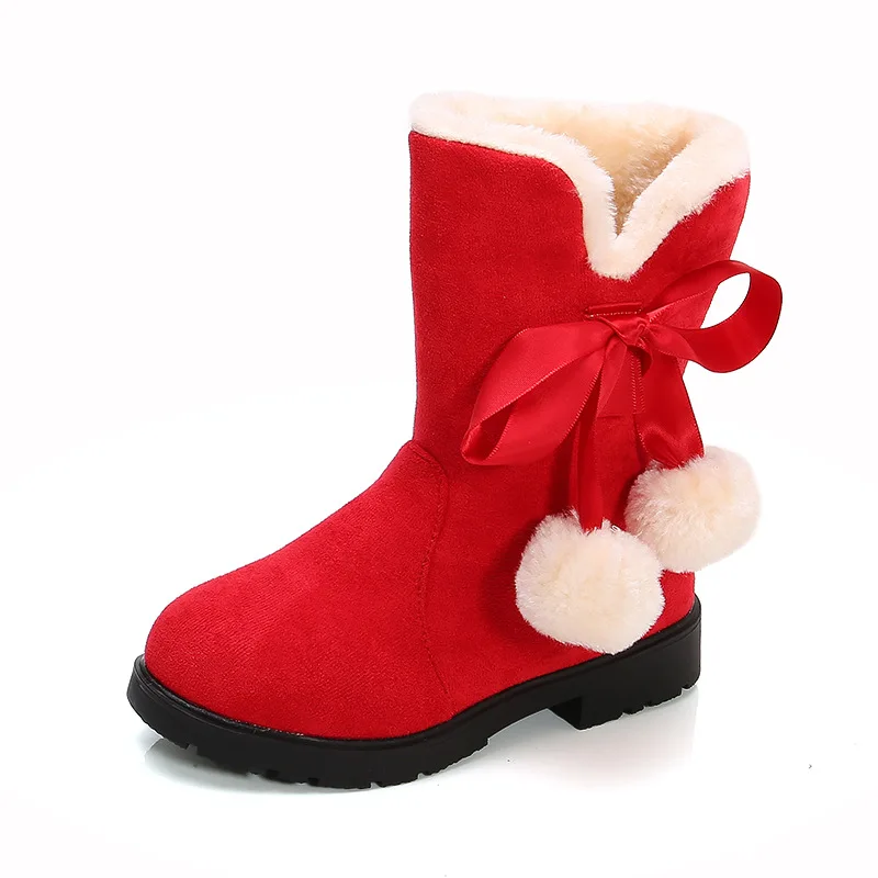 WinterGirls Add Velvet Cotton Boots Princess Children Fashion Snow Boots  Ribbon Bows Plush Poms Short Boots Antiskid Keep Warm