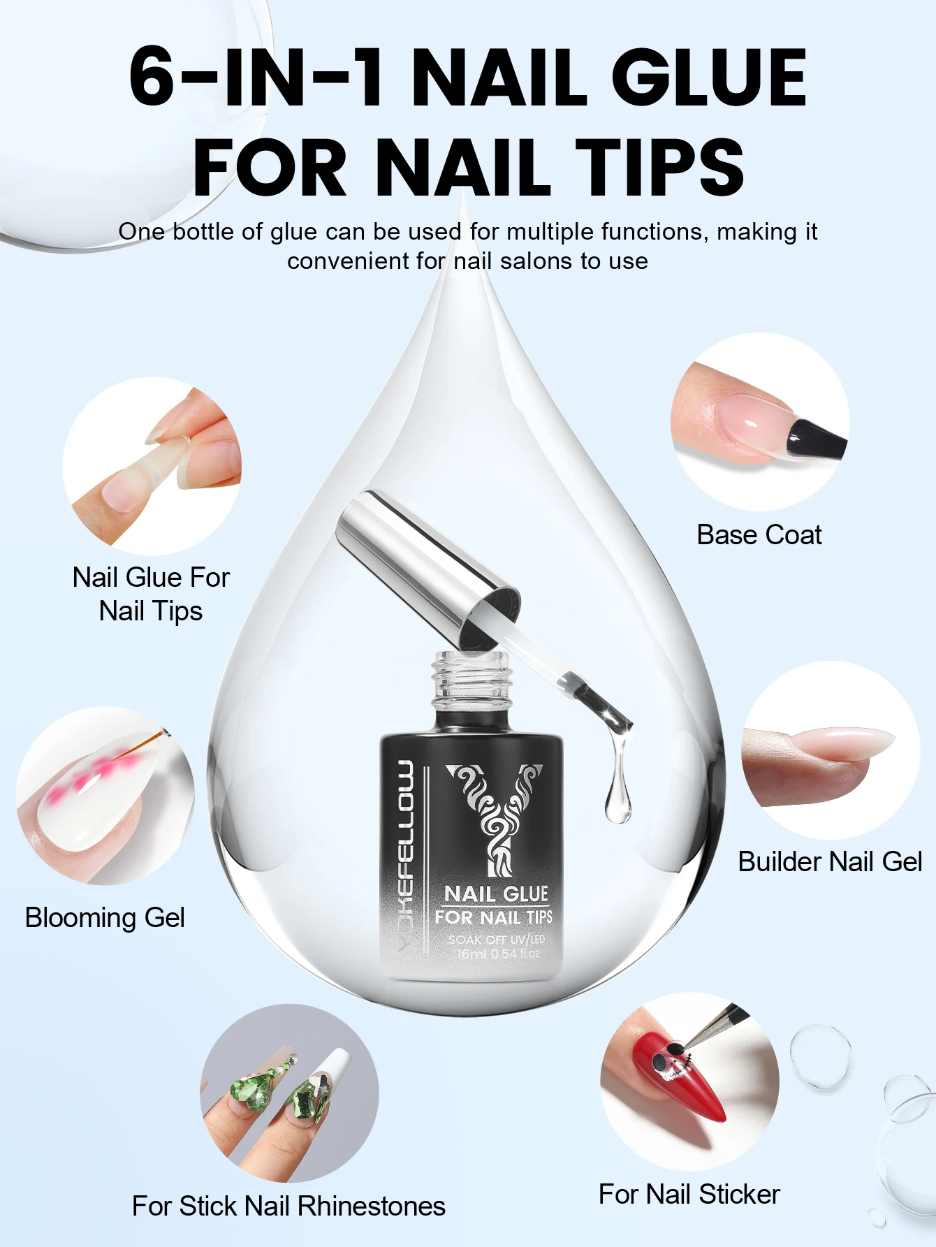 YOKEFELLOW 16ML Clear Nail Glue Gel for Nail Tips Soak Off Led UV Lamp Cure Long Lasting 6 in 1 Extension Glue for Press On Nail