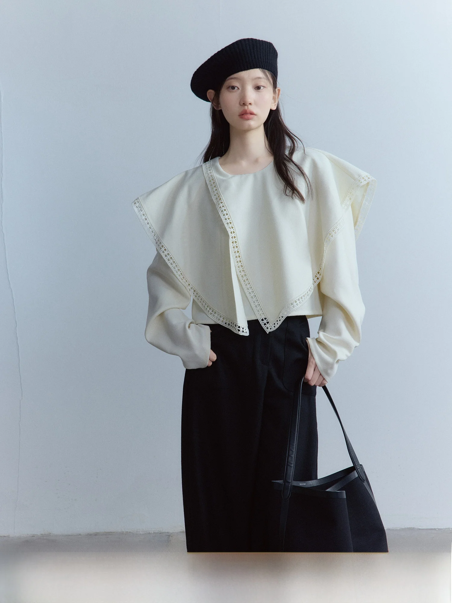 

Асимметричная шерстяная блузка Fussed Cisas Layered Shoulder Sleeve для девочек, свободного кроя, с длинным рукавом, круглым вырезом, однотонная.