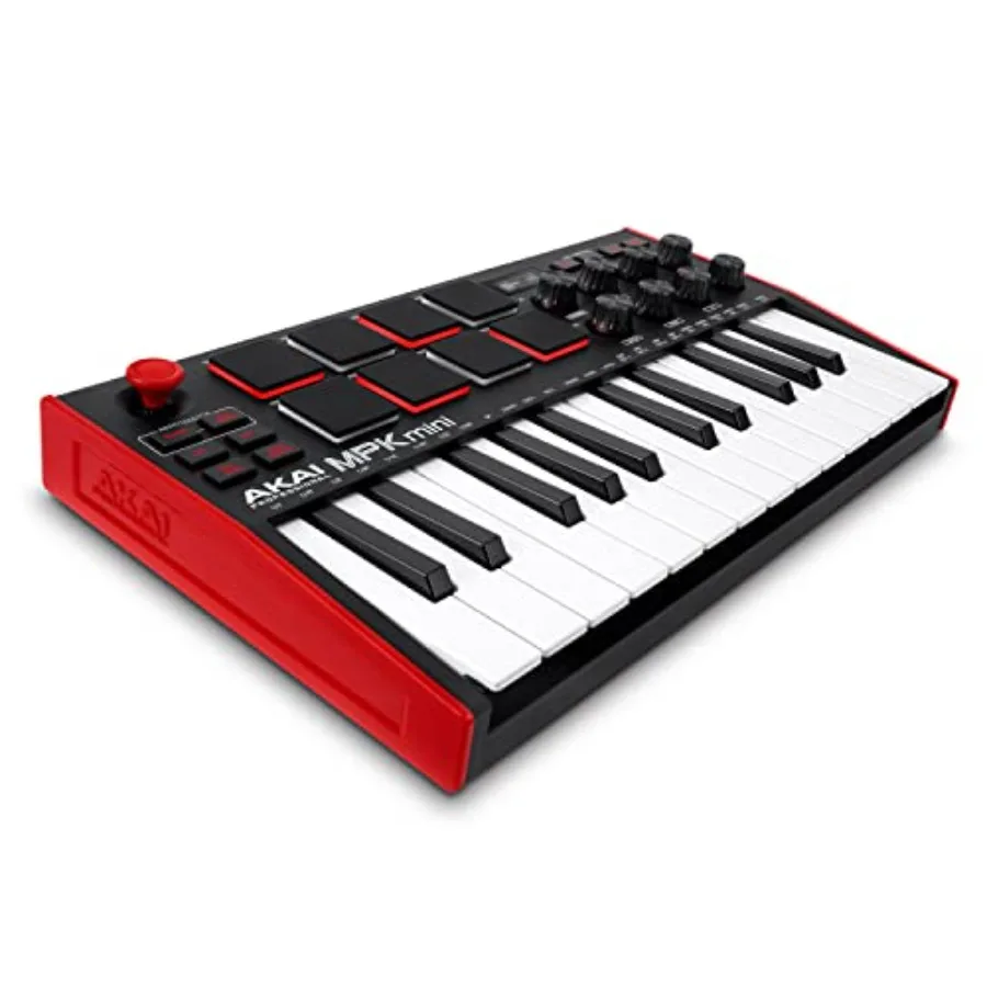 

Music production: plastic black USB MIDI keyboard controller with 25 keys, 8 backlit drum pads, 8 knobs, bundled software, NKS
