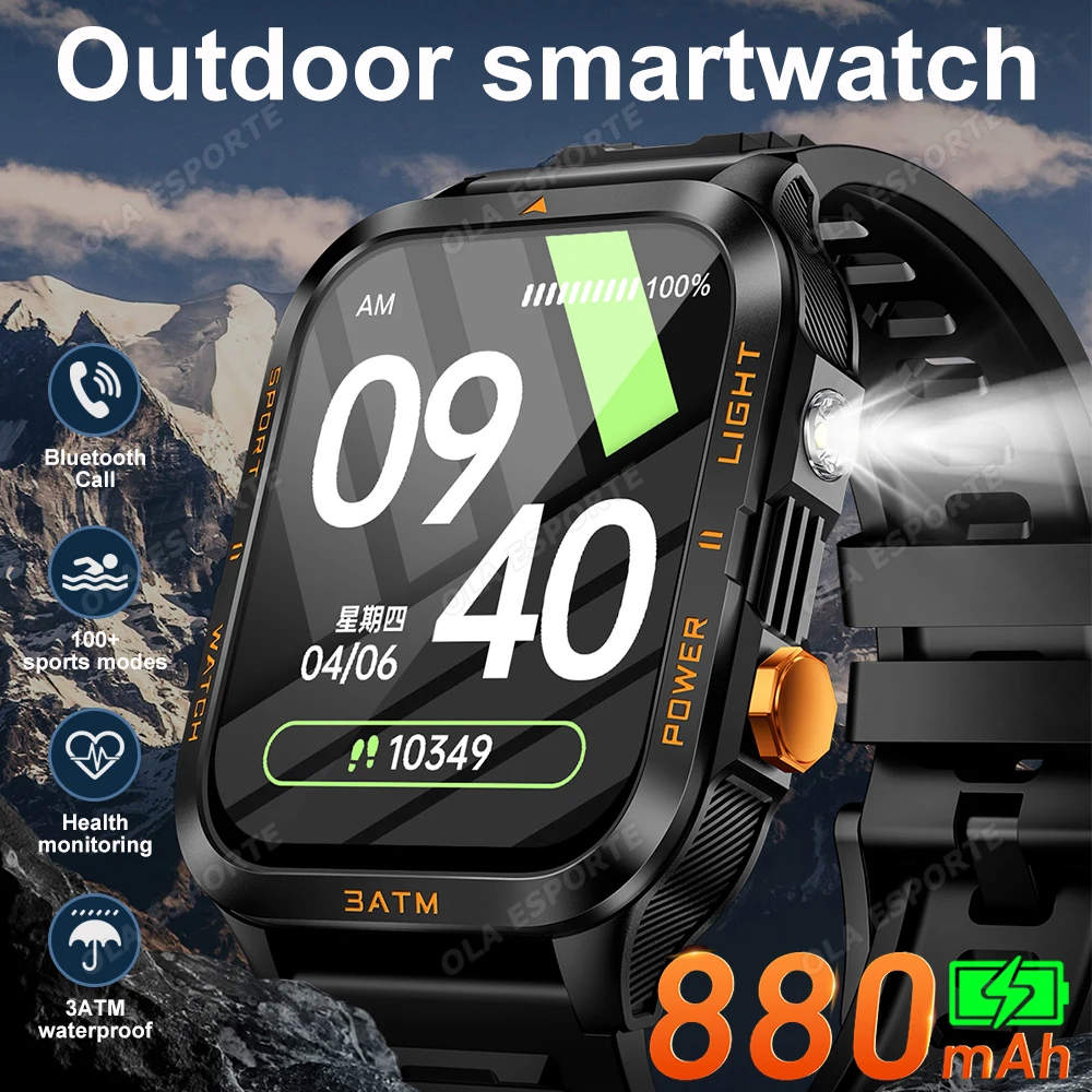 

Outdoor Smartwatch Bluetooth Call 1.96" AMOLED Screen LED Flashlight 100+ Sports Modes 880mAh Battery Men Smart Watch Waterproof