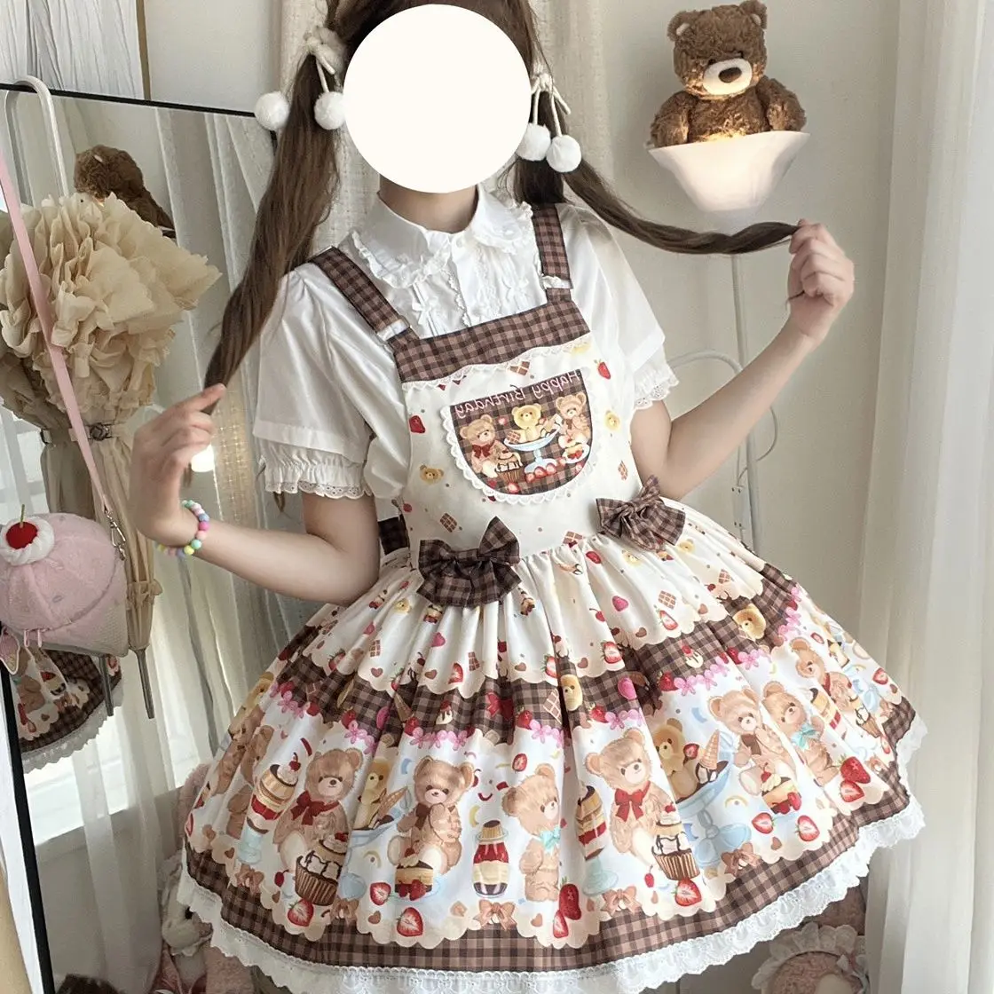 

NONSAR Japanese Cute Lolita Jsk Dress Women Sweet Bow Ruffles Bear Printed Party Mini Dresses Harajuku Kawaii Strap Vestidos