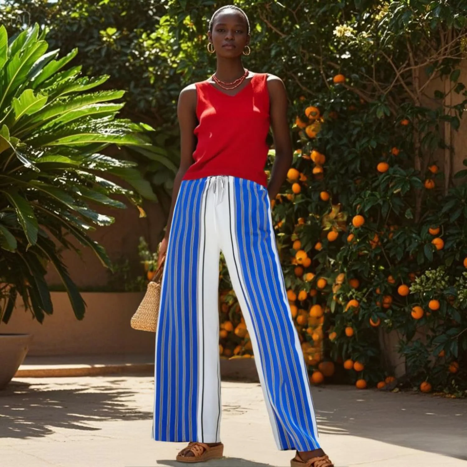 

2025 Myst&Za women's summer new striped pants, contrasting colors, elastic high waisted silk satin texture, casual wide leg pant