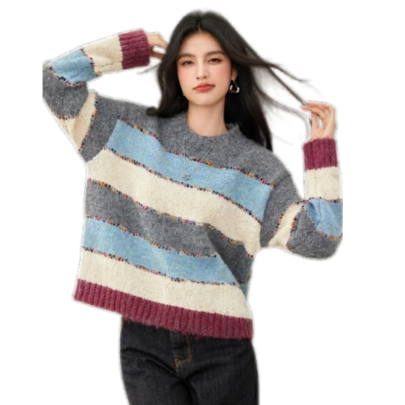 2024 New Autumn Winter Women Loose Pullover Sweater High Quality Fashion Mixed Color Striped Knitted Sweater 2 Colors