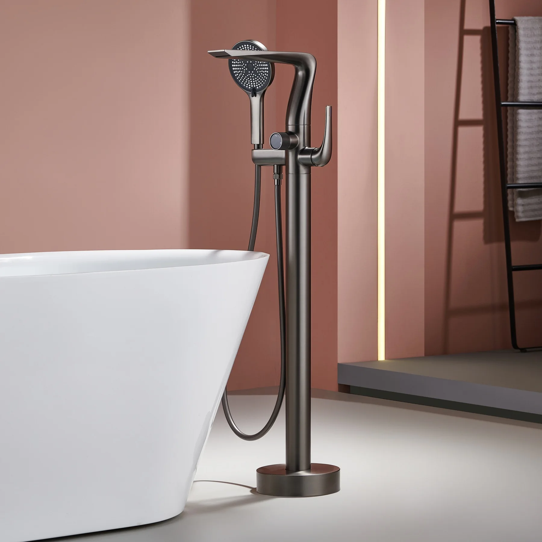 

Light luxury hotel floor standing bathtub faucet, home all copper hot and cold vertical water faucet with shower head GN485SV