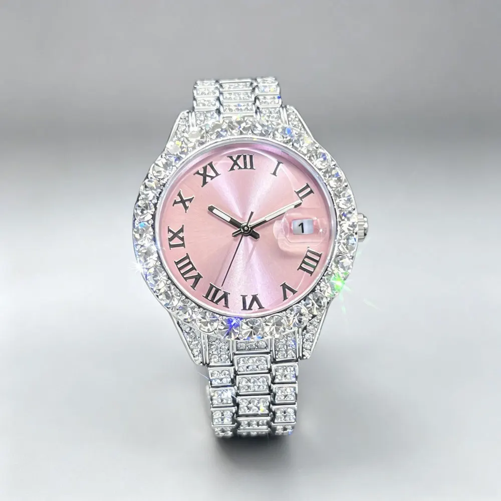 New Silver Pink Diamond Hip Hop Watch For Women Fashion Ice Out Party Jewelry Wristwatch Luxury Shiny  Watches Trendy 2026