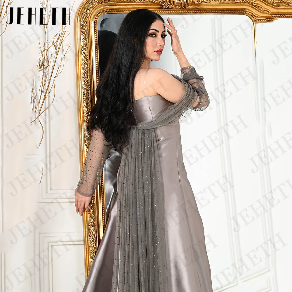 JEHETH فساتين السهرة Strapless Satin Evening Dresses Dubai A Line Long Sleeves Arabic Off Shoulder Prom Gown Formal Backless