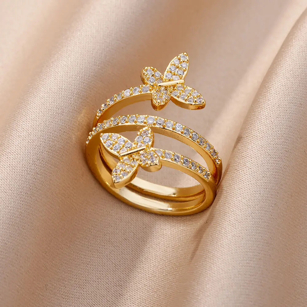 

Zircon Double Butterfly Rings For Women Stainless Steel Adjustable Butterfly Ring Fashion Wedding Aesthetic Animal Jewerly Gift