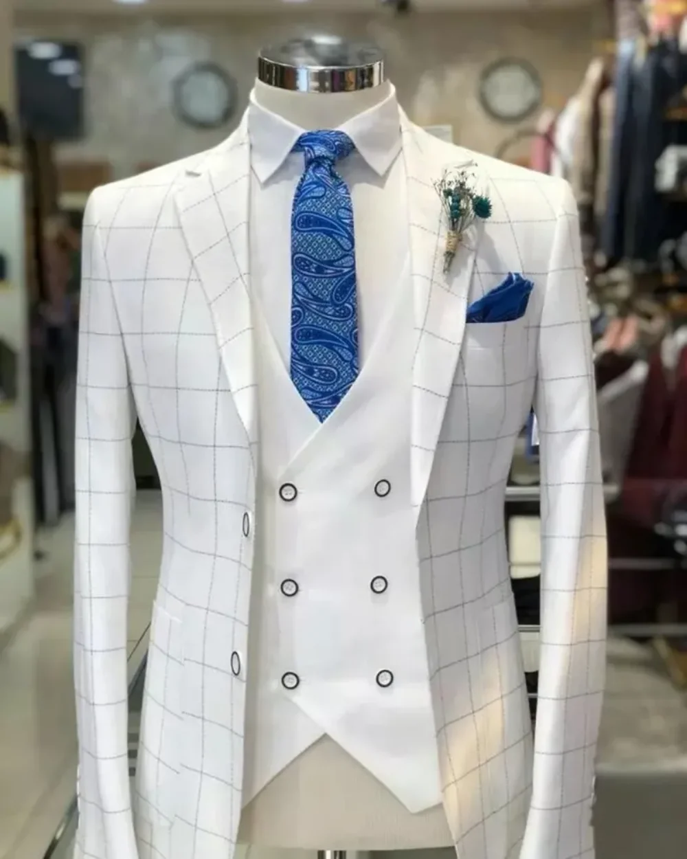 2024 New Style White Men Suits Check Pattern Wedding Tuxedo Formal Wear Customized Handsome Party Suit Jacket +Vest+White Pant