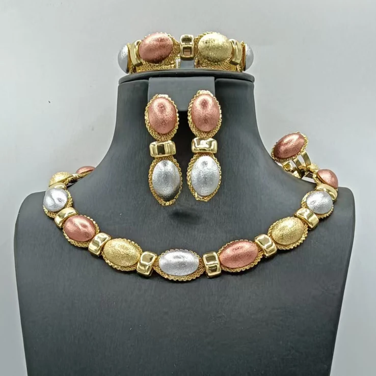 

Simple Stunning Three Tone Beads Shape Jewelry Set Fashionable Fancy Necklace Bracelet Earrings Ring 4PC Jewellery Wedding Party