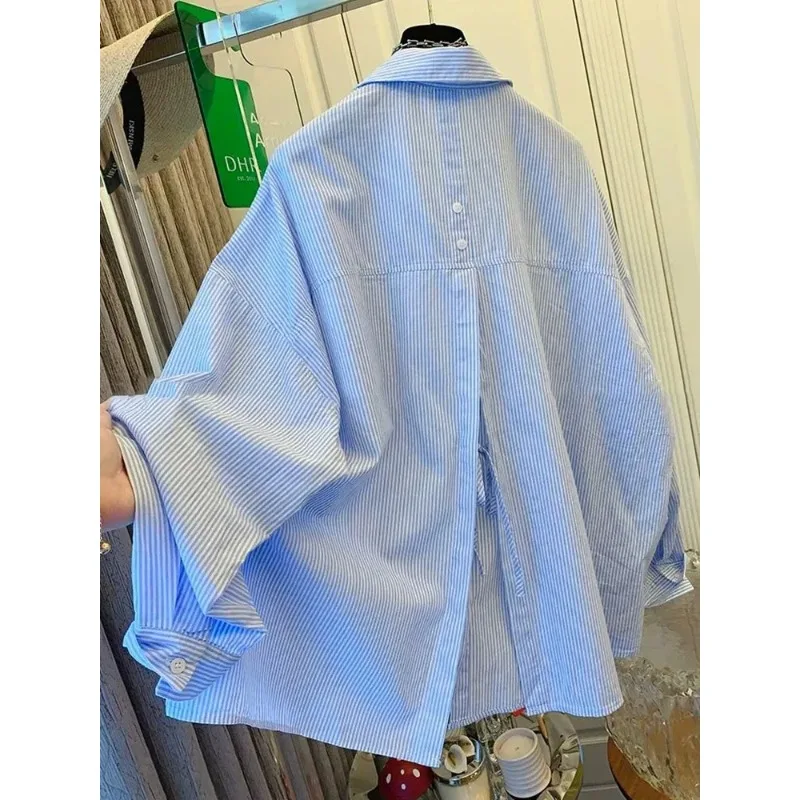 Fashionable Lazy Style Back Slit Striped Shirt Jacket Women's Autumn French Loose Chic Top