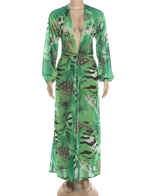 Woman Tiger Stripe Print Deep V-neck Dress Sexy Backless Long Sleeve Dresses 2026 Summer Vacation Beach Party Elegant Vestidos