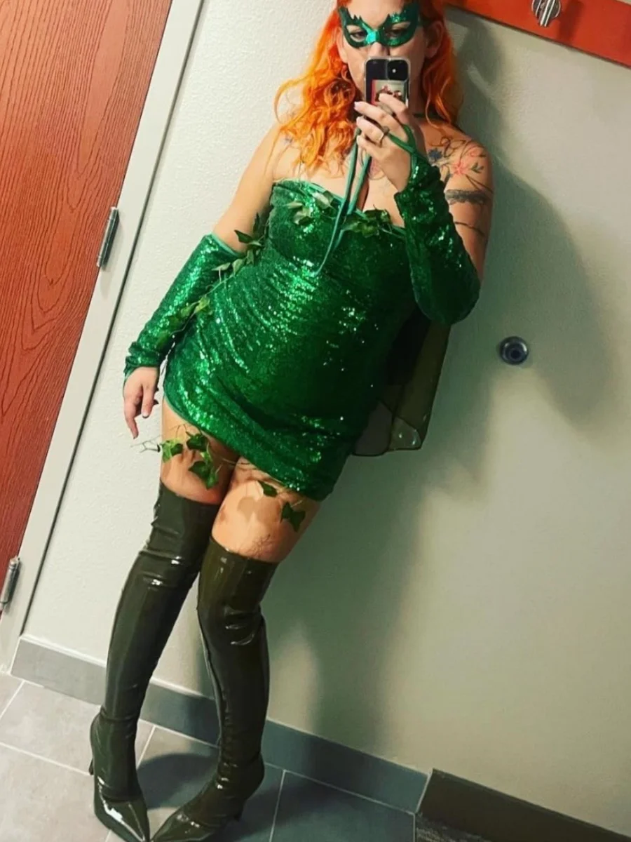 Halloween Leaf Green Poison Ivy Cosplay Costume Cekinowa sukienka bez ramiączek ze spódnicą kopertową i rękawami na ramionach Zestaw okularów