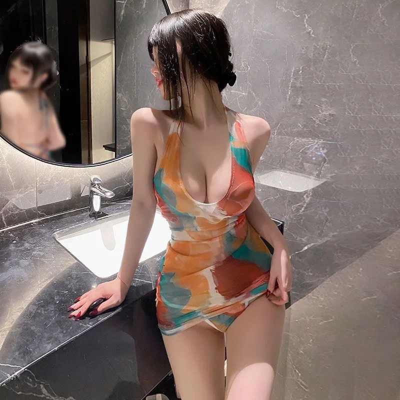 ملابس مثيرة، تنورة عميقة على شكل حرف V ملفوفة على الورك، بدلة استحمام صيفية رائعة للشاطئ، فستان مجوف بدون ظهر، فستان سبايس للفتيات معلق برقبة عاطفة ن