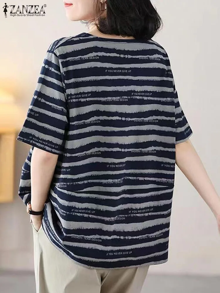 ZANZEA Women Stripes Knitted Blouse Korean Loose V-neck Tops 2024 Summer Daily Short Sleeve T-shirt Holiday Casual Basic Tunics