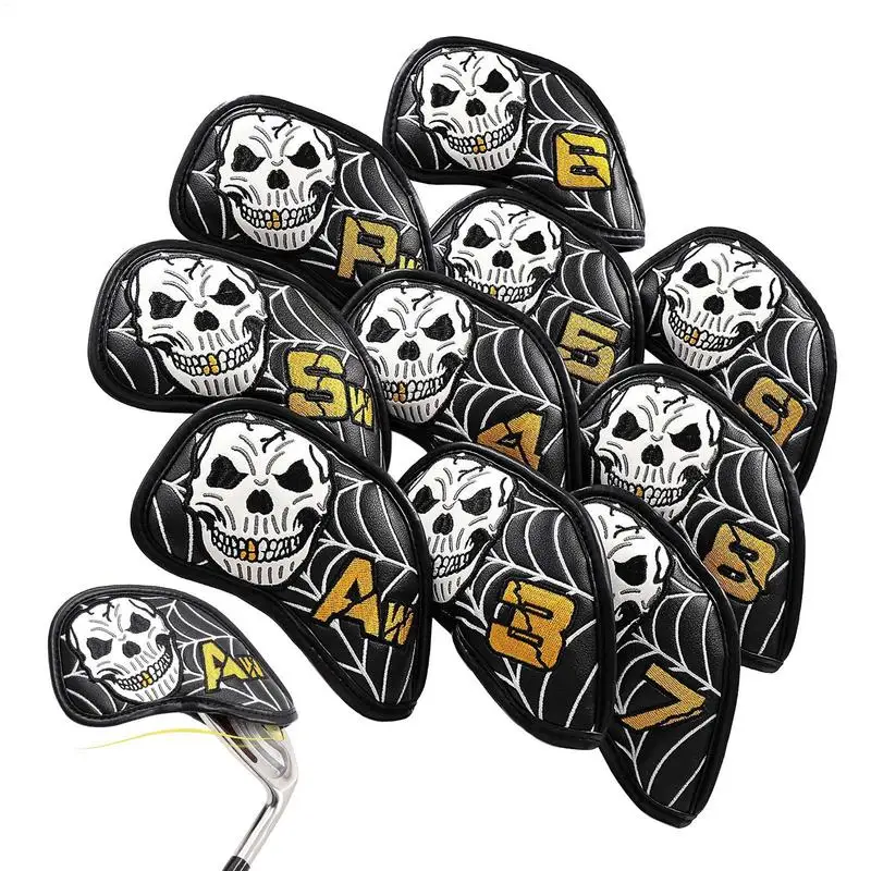 

Golf Iron Covers 10 Pieces PU Leather Waterproof Skull Pattern Golf Headcovers Equipment Protector Sports Accessories For Young