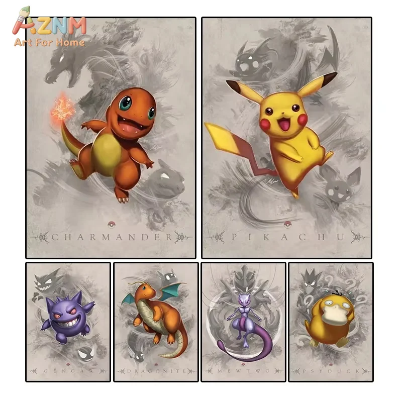 1 Stück, Anime Pokemon Cartoon Leinwandgemälde Pikachu Wandkunst Poster Druckbilder Raumdekoration