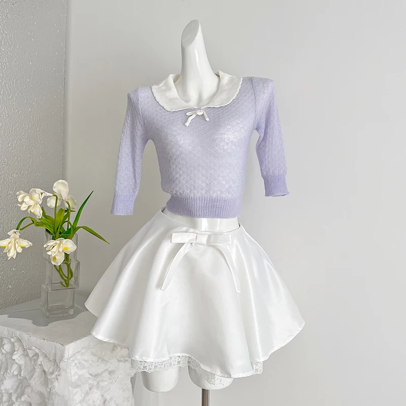Summer Two-piece Blue Mohair Knitted Tops Korean Fashion Lace Patchwork Satin Short Skirts A-line Skirts Women Purple Skirt Sets