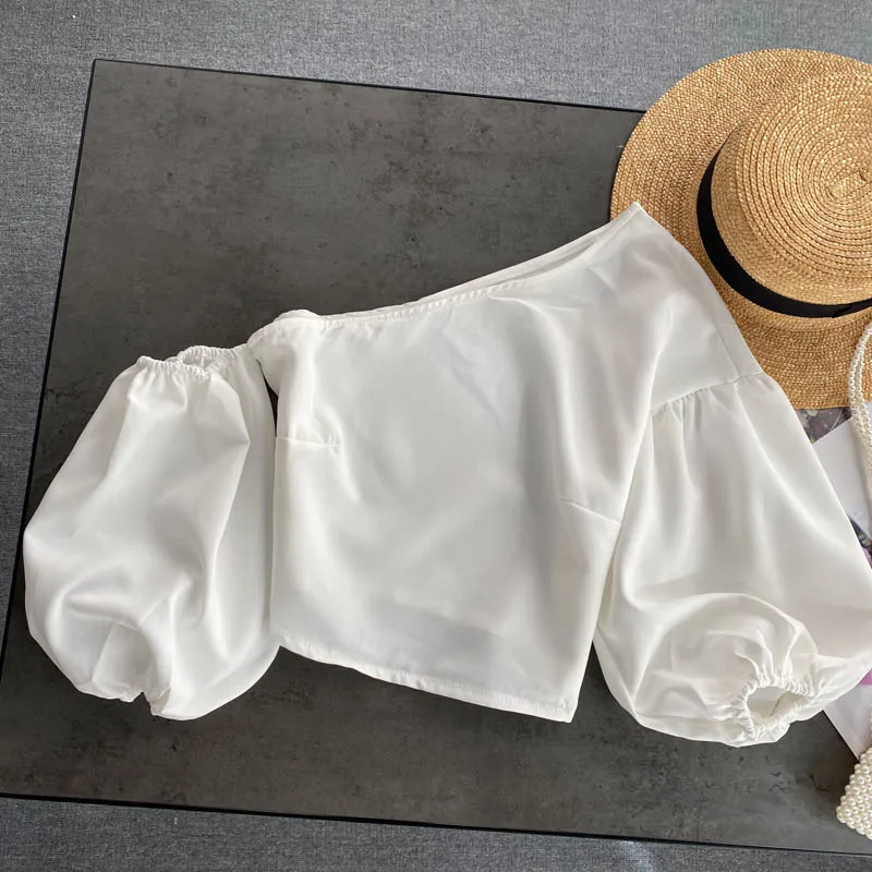 Vintage Elegant sweet Skew Collar Off Shoulder puff sleeve Blouse Fashion Shirt Casual Chic Top Fairy Summer Women