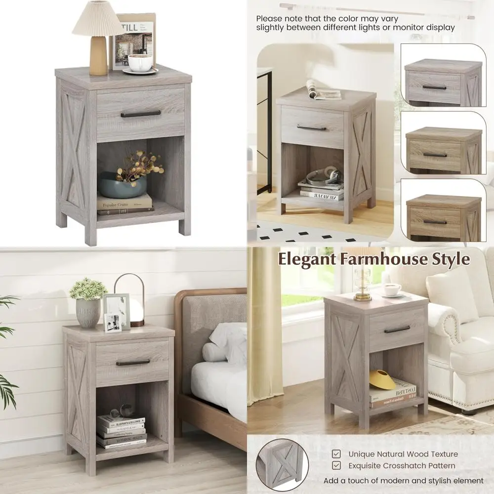 

Wooden Nightstand with Storage Drawer and Open Shelf, Rustic Bedside Table for Small Spaces