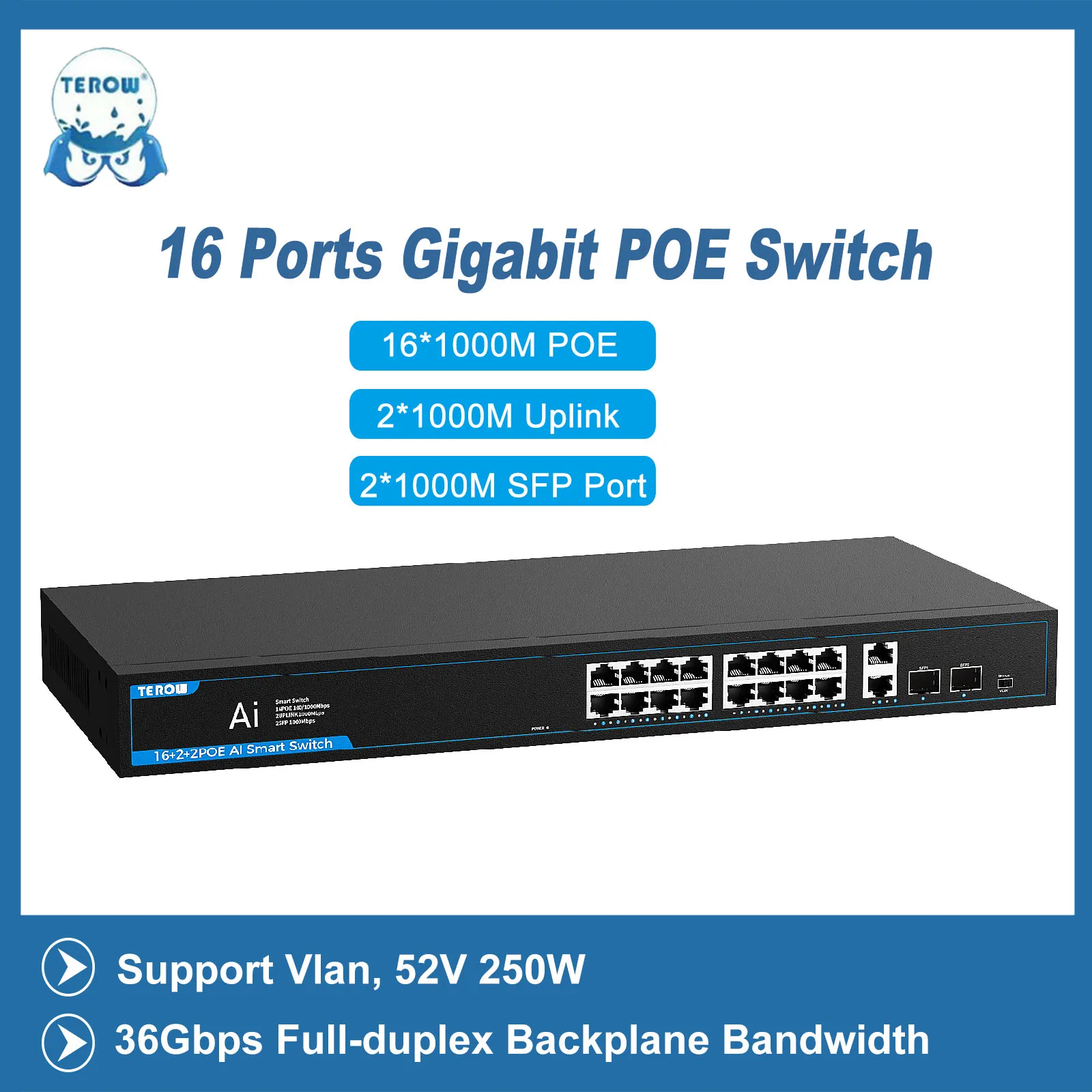 

TEROW 16 Ports POE Switch 1000Mbps Gigabit Switch Ethernet 16-ports Network Switch POE Unmanaged Support VLAN For Wifi Router