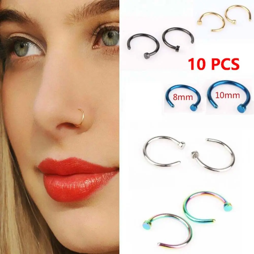 Fashion 10 Pcs For Women C Shape Hoop Circular Stud Earrings Body Piercing Jewelry Lip Rings Nose Rings