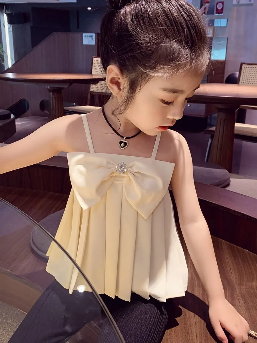 

2023 Summer Children Casual Sleeveless Bow Diamonds Pleated Apricot Cute Fashion Baby Girl T-shirt 18M-7T