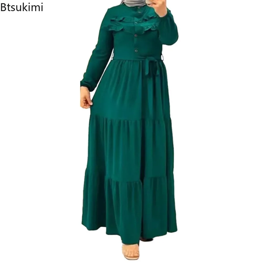 Elegant Maxi Dress for Women Muslim Fashion Abaya Hijab Dubai Turkey Loose Robe Females Solid Long Sleeve Dress Islamic Clothing