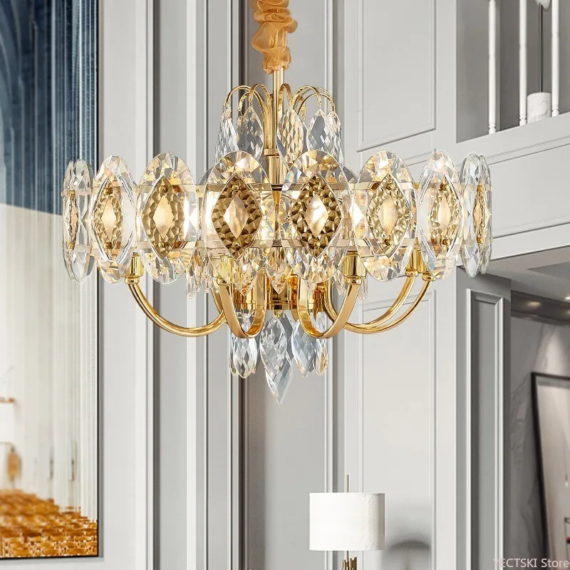 Light luxury style round crystal chandelier, living room lamp, Hong Kong-style modern simple villa model bedroom lamp