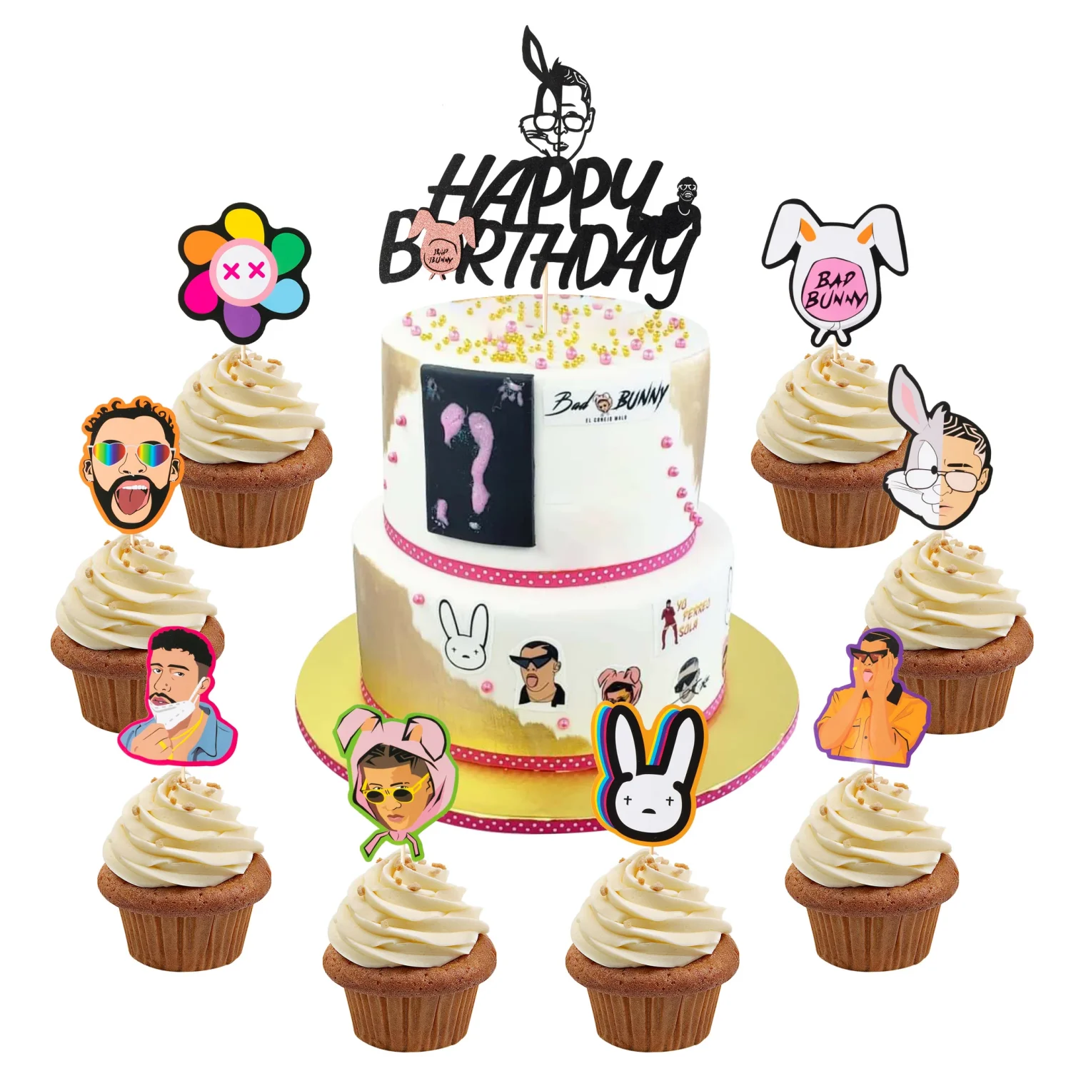 25 uds. De adornos para tarta de Bad Bunny, juego de adornos para magdalenas, galletas, decoraciones alimentarias, suministros de recuerdo de fiesta de cumpleaños