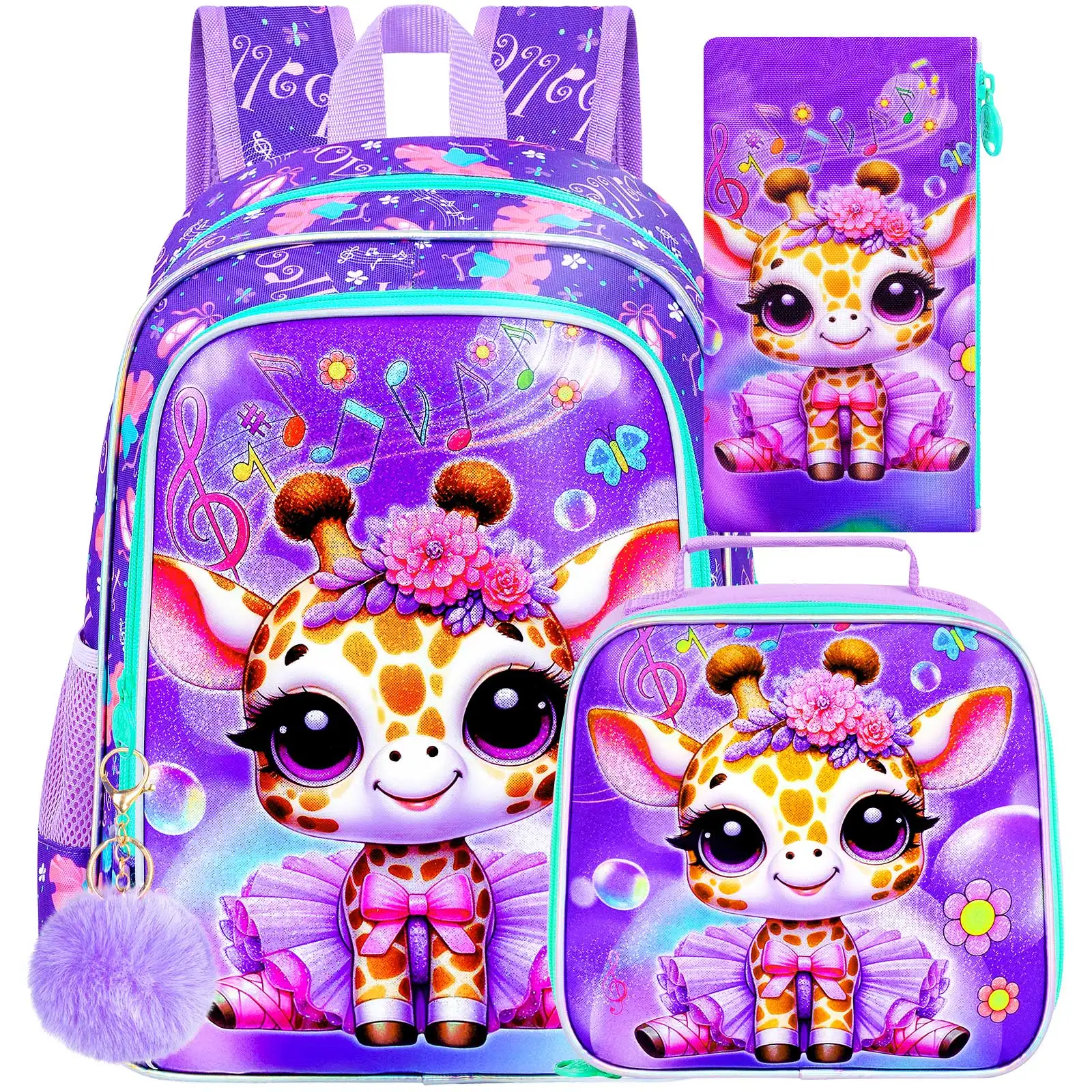 3-個のバレリーナ-キリン-バックパック-セット-キッズ-ガールズ-16-インチ-スクールバッグ-ランチボックス-ペンシルケース付き