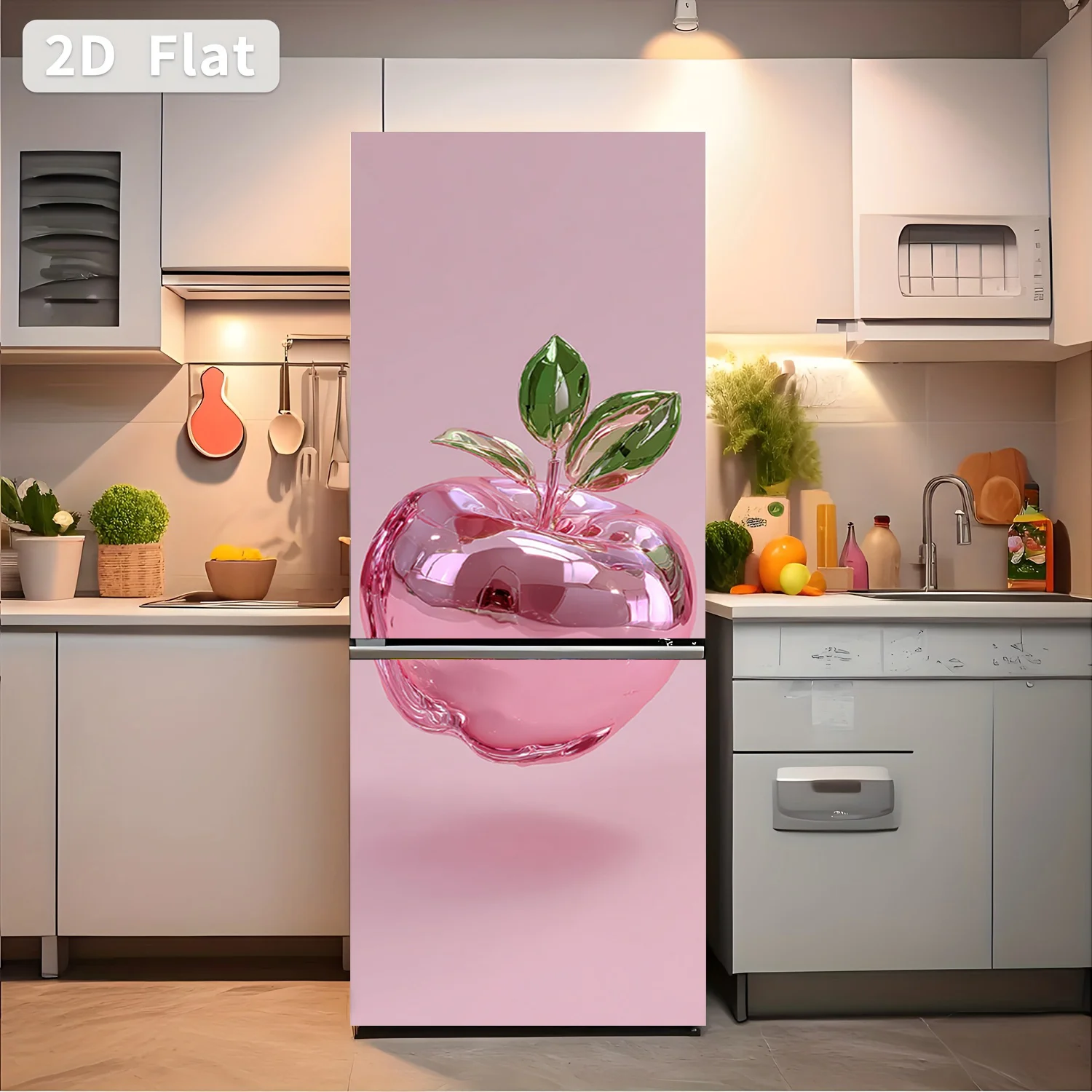 Refrigerator Sticker Pink Glass Apple Theme Design Wall Sticker Decorative Wallpaper Self-Adhesive Suitable for Cabinets and