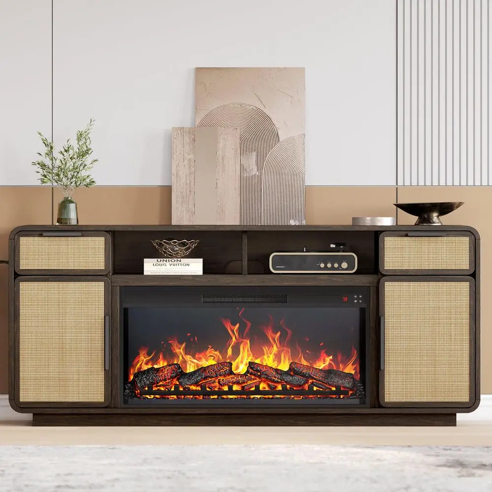

68 TV Stand for TV Up to 75,Boho Entertainment Center with 36 Electric Fireplace Heater with Sound, Rattan Decorated Console Ta
