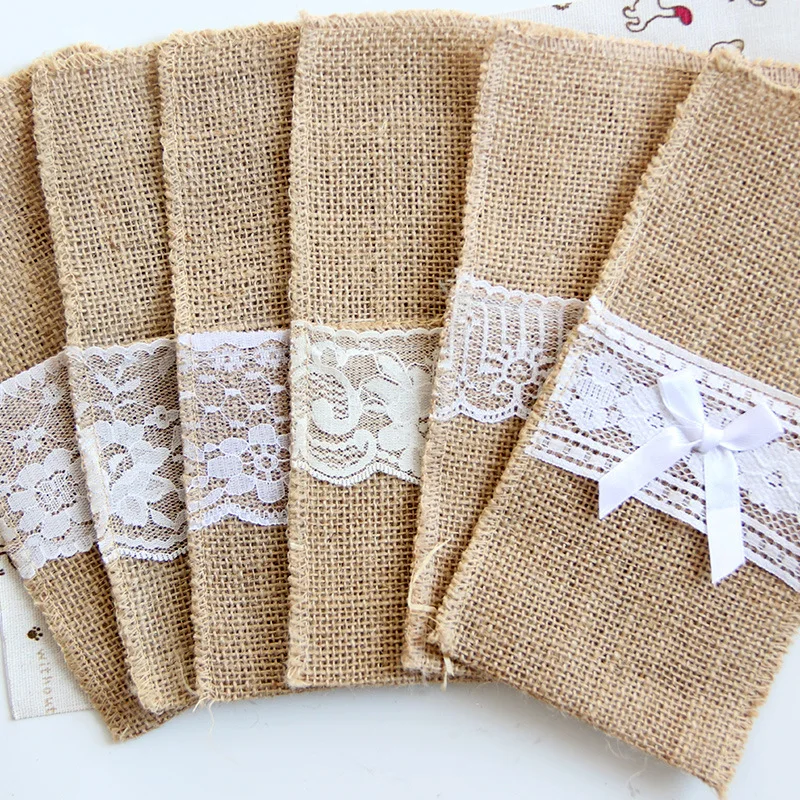 10 Items Pocket Tablecloths for Cutlery in Rubber Lace, Knife Bag, Forks, Utensils, Rustic Cutlery Holder Vintage