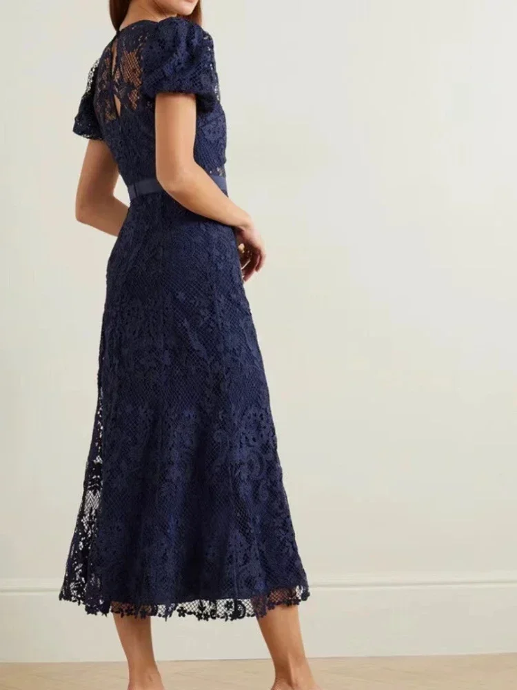 2024 New Arrival Summer Women Navy Blue Lace Patchwork Short Sleeve Elegant High Quality Office Lady Midi Dress