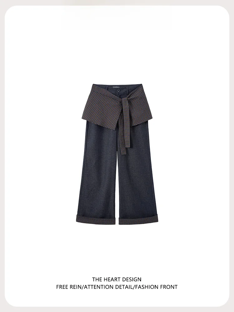 

Spring 2026 High Waist Wide Leg Denim Pants Women's Faion Cheered Scarf Tied Layering Design Sense Fake Two-Piece Suit