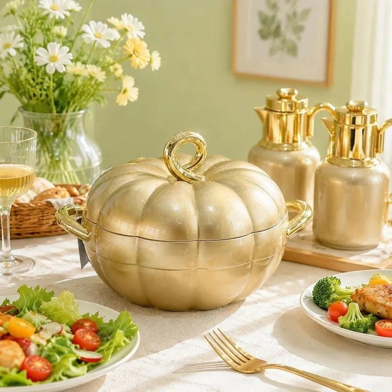 Luxury Golden Pumpkin Insulation Food Box Set Stainless Steel Lunch Box with Kettle