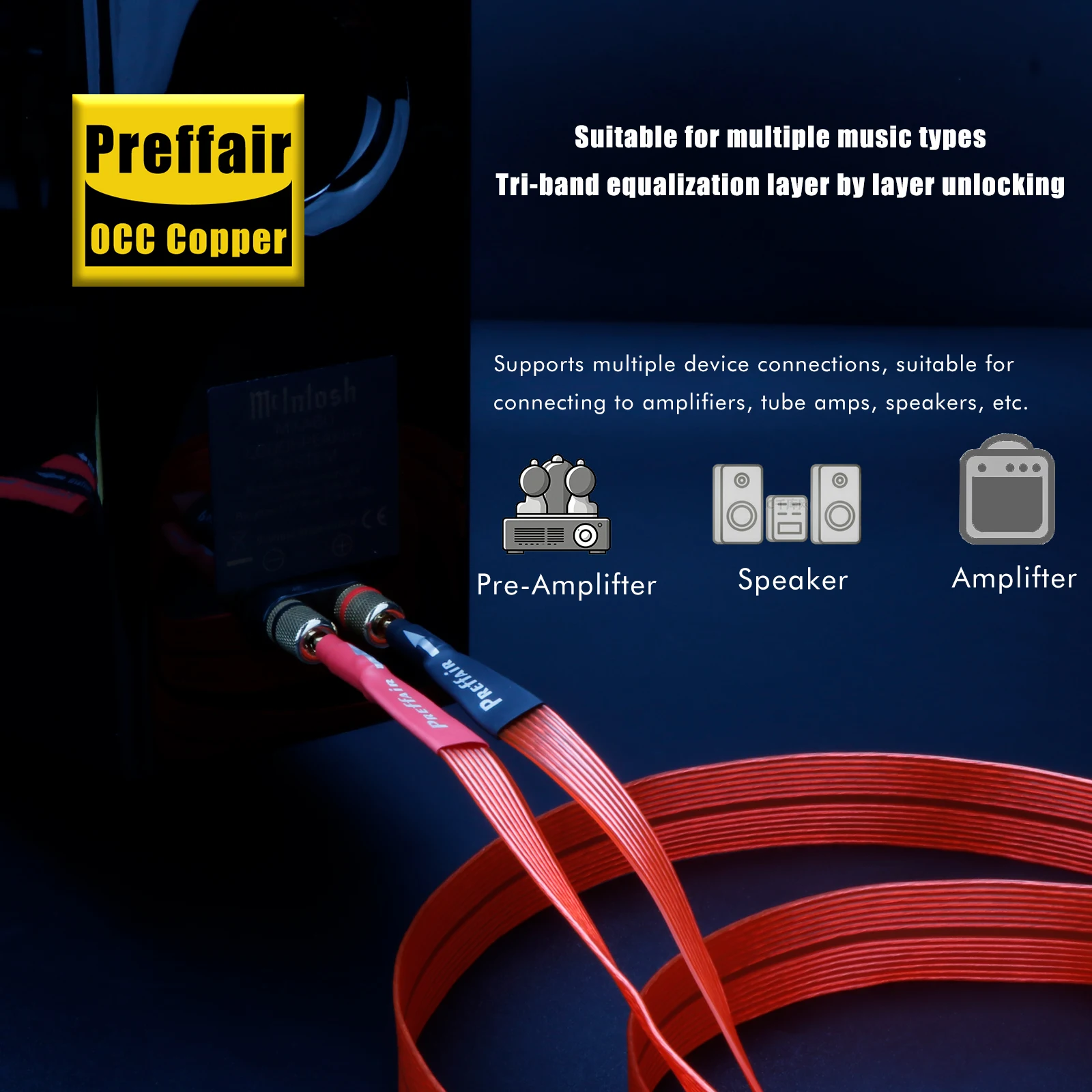 زوج كابل مكبر الصوت الأحمر كابل مكبر الصوت المسطح مطلي بالفضة OCC مطلي بالفضة عشاق الصوت Hifi كابل الصوت مكبر للصوت