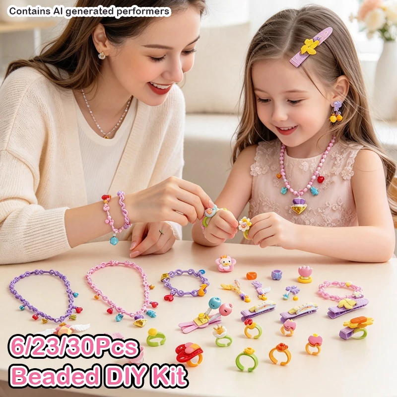 6/23/30Pcs Beaded Diy Handmade Puzzle Wearing Beads Building Blocks Pretend Play Beauty Set for Girls Bracelet Princess Jewelry
