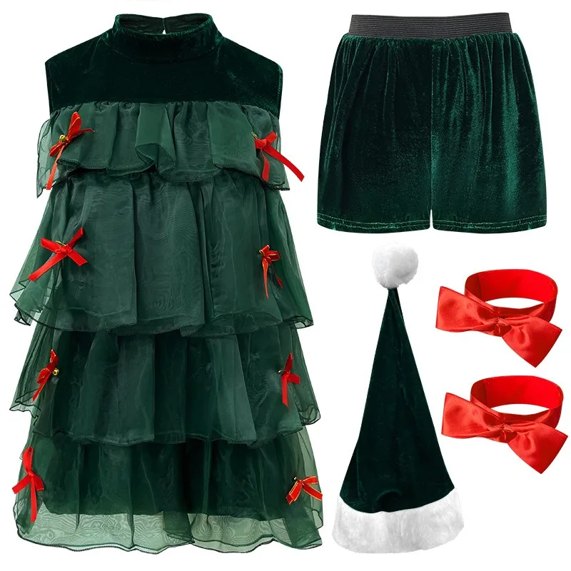 Vestido verde sin mangas con forma de árbol de Navidad para mujer, vestido escalonado con tocado, trajes de fiesta de juego de rol, puesta en escena, regalos de Navidad