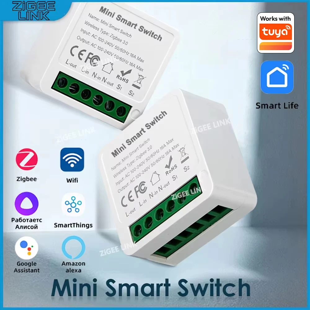 Mini-interrupteur intelligent WiFi/Zigbee 3.0 pour la maison connectée, contrôle bidirectionnel, module d'interrupteur intelligent compatible avec Tuya, Alexa, Google Home, Alice